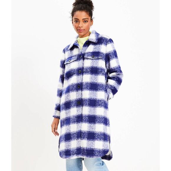 LOFT Blue and White Plaid Fuzzy Long Shacket Jacket Women's Size Large EUC - Picture 2 of 11